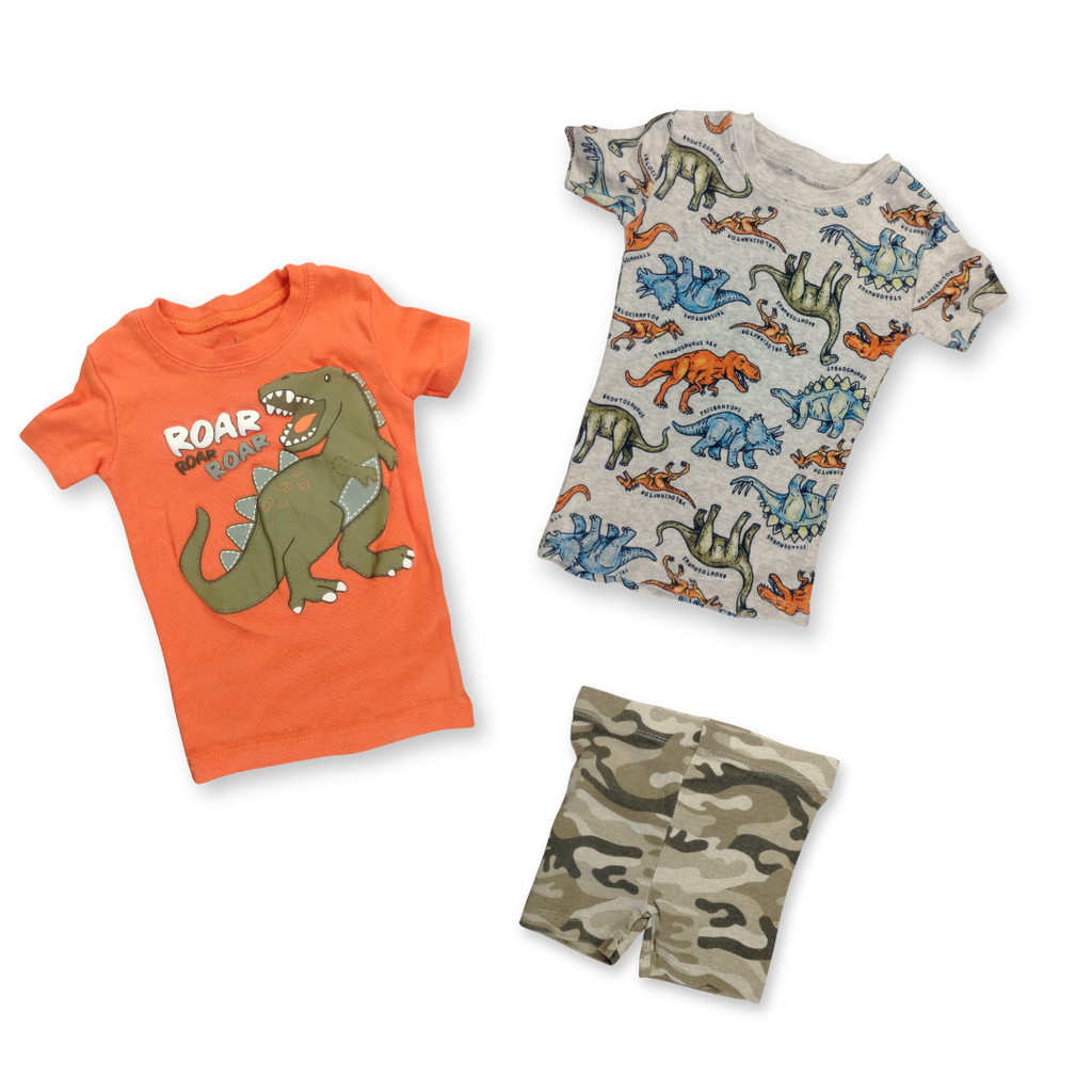 Conjunto Niño Dinosaurio Naranja + Short Camuflado (9–12 meses) [Semi-Nuevo]