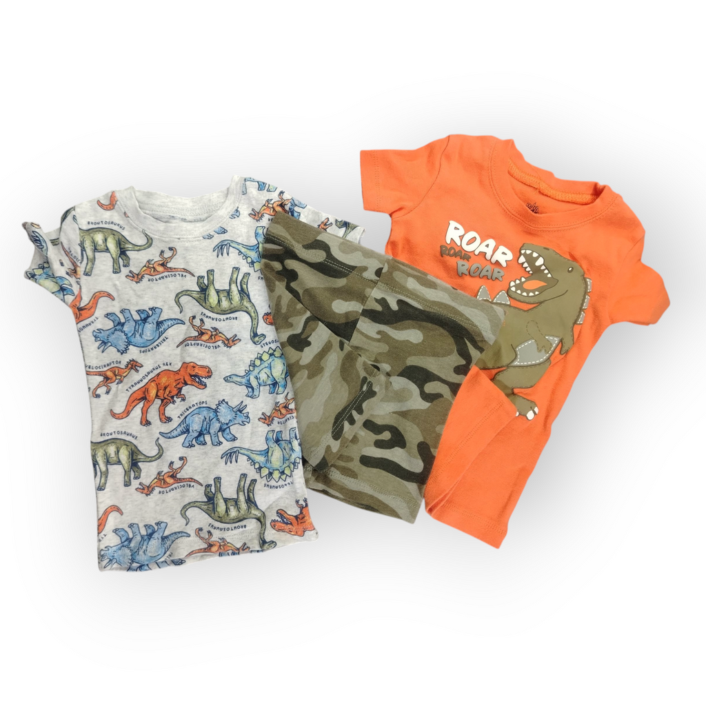 Conjunto Niño Dinosaurio Naranja + Short Camuflado (9–12 meses) [Semi-Nuevo]